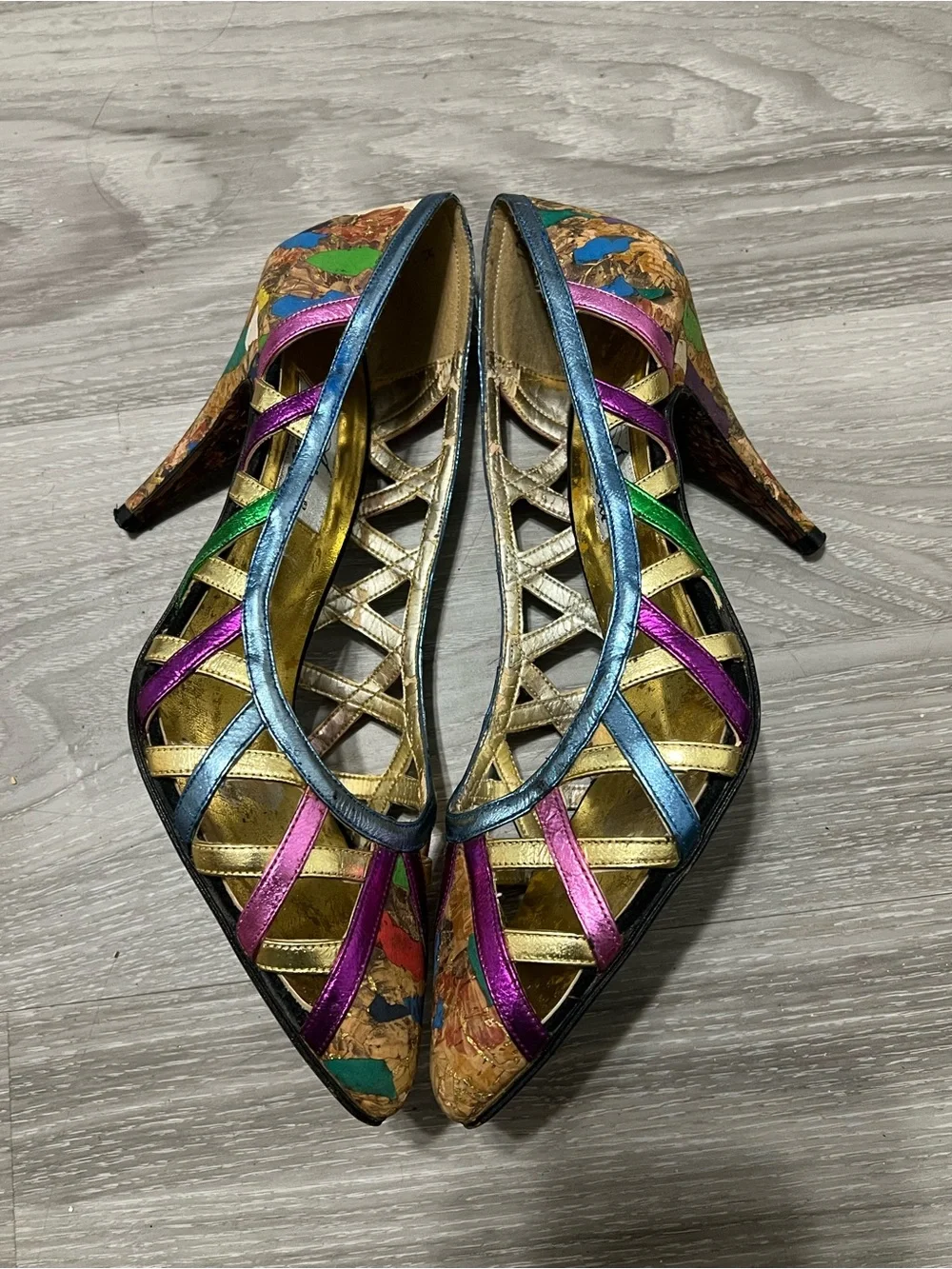 Adora Vintage Metallic Heels Strappy  Cork Mosaic Size 7 M  Colorful Shoes Y2K